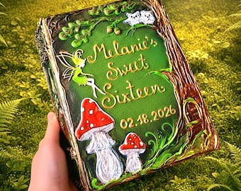 Enchanted Forest Guest Book, Fairy Owl & Mushrooms, Personalized Quinceañera, Sweet 16