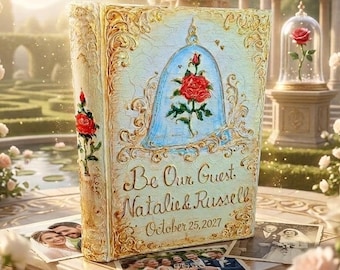 Enchanted Rose Photo Album with Pockets for 300 Photos, Personalized Fairytale Wedding Guest Book, Custom 3D rose in glas