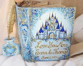 Personalized Fairytale Wedding Guest Book with Castle, Blue Gold Theme