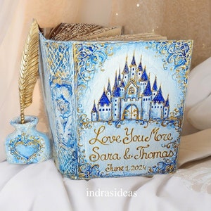 Personalized Fairytale Wedding guest book with castle. Blue, gold, white wedding theme guest book and set. Once upon a time guest book.