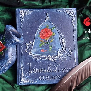 Navy Blue Wedding Guest Book with red Enchanted  rose, personalized Wedding guest book, Once upon a time,  Beauty and the Beast wedding