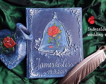 Navy Blue Wedding Guest Book with red Enchanted  rose, personalized Wedding guest book, Once upon a time,  Beauty and the Beast wedding