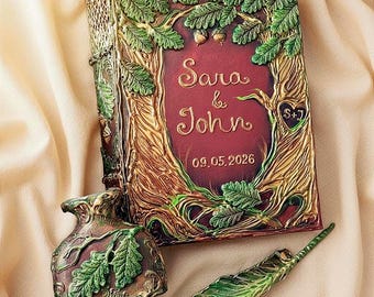 Custom Woodland Wedding Guest Book, Oak tree Enchanted Forest guestbook, Personalized Medieval Journal.