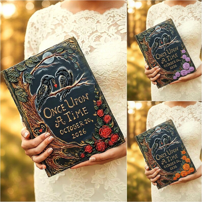 Personalized Fairytale Guest Book, Custom Storybook Journal with 3D Crows and Roses, Enchanted Forest Wedding Keepsake. image 3