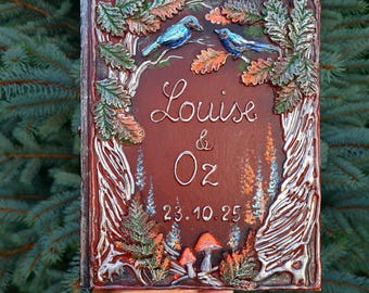Forest Wedding guest book, Personalized names, birds journal, Handmade nature lover blank diary.