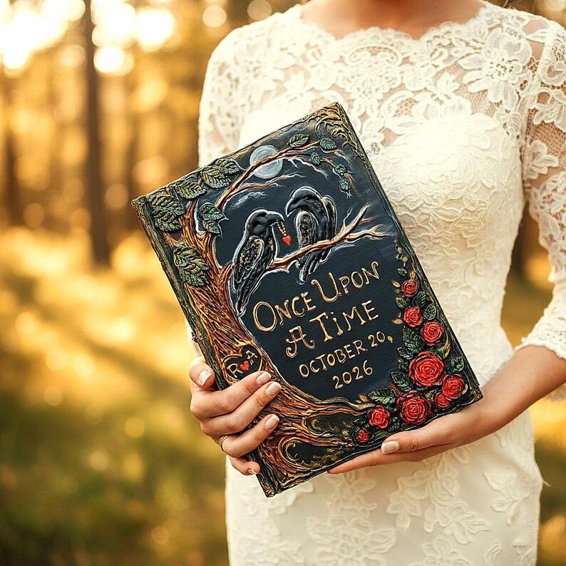 Personalized Fairytale Guest Book, Custom Storybook Journal with 3D Crows and Roses, Enchanted Forest Wedding Keepsake. image 6