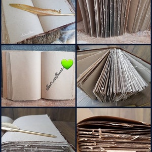 May include: A handmade journal with a brown leather cover and a thick stack of blank pages. The pages are made of recycled paper and have a rough texture. The journal is closed and lying on a wooden surface.