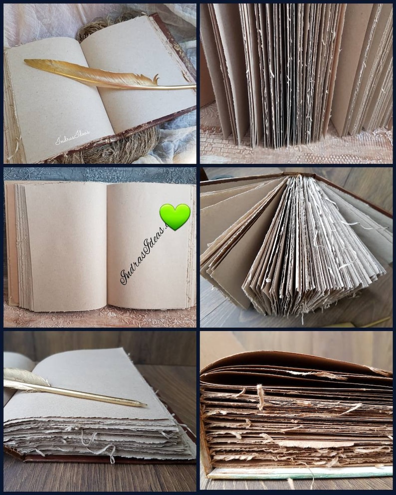 May include: A handmade journal with a brown leather cover and a thick stack of blank pages. The pages are made of recycled paper and have a rough texture. The journal is closed and lying on a wooden surface.