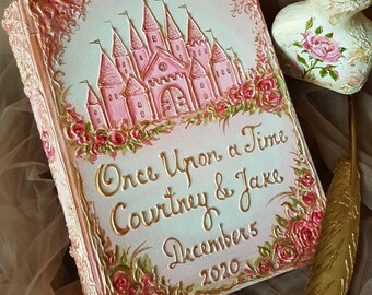 Pink castle fairytale Wedding Guest Book, Cinderella Quince photo Album, Custom names & date