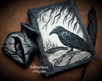 Raven book Set, Magic book, Book of Shadows, Spell book, crow Journal, Halloween wedding book, black book, feather pen, pen holder