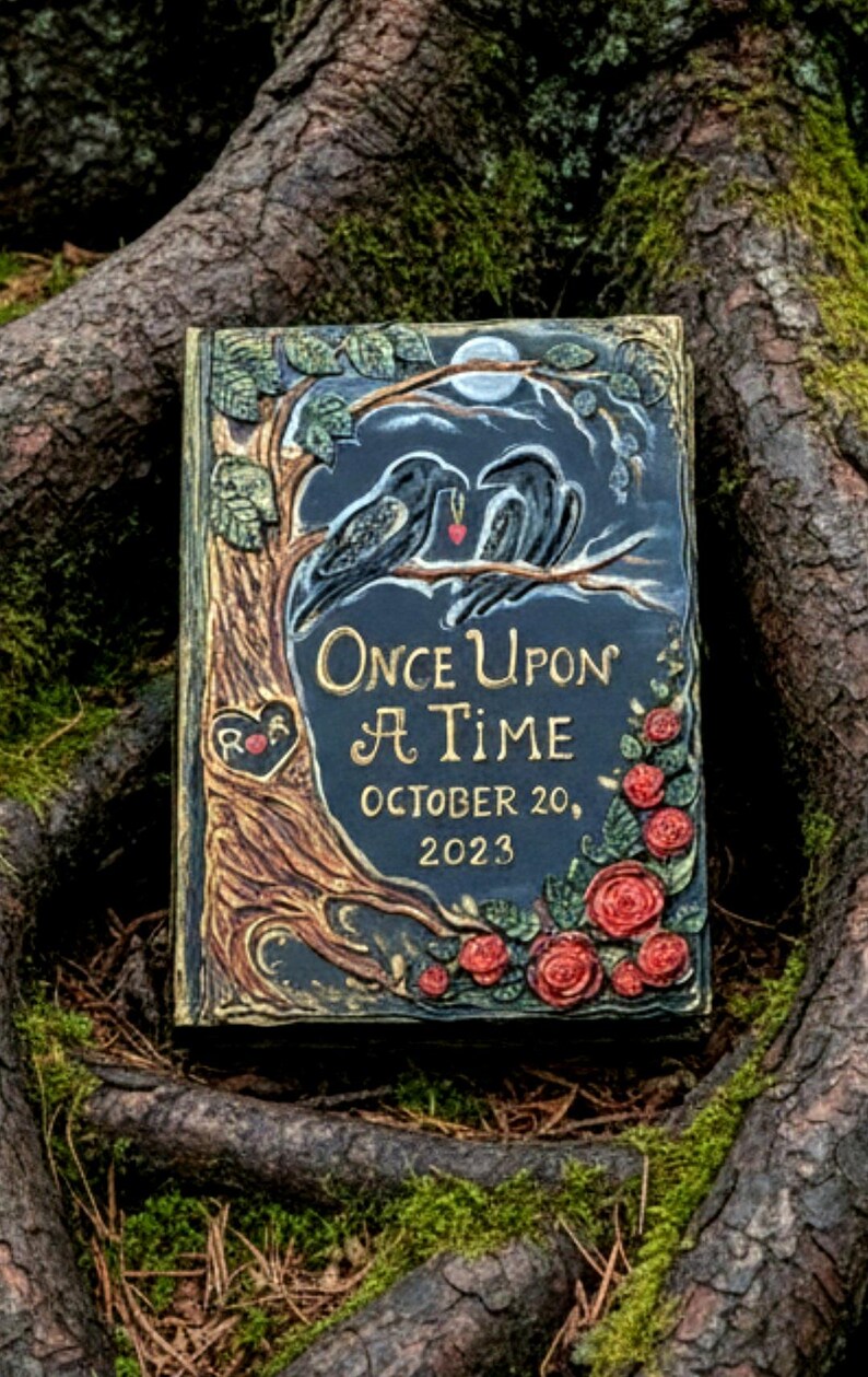 Personalized Fairytale Guest Book, Custom Storybook Journal with 3D Crows and Roses, Enchanted Forest Wedding Keepsake. image 4