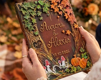 Personalized Forest Wedding Guest Book, Autumn Cottagecore Mushroom Guestbook with Carved Tree Initials, Woodland Photo Album, Fall Wedding