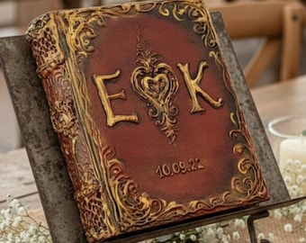 Medieval Wedding Guest Book, Personalized Rustic Grimoire with Custom Initials, Gothic Castle Wedding Decor, Antique Style Heart Journal.