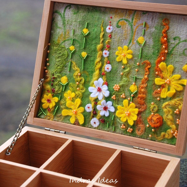 Tea box with yellow flower meadow embroidery