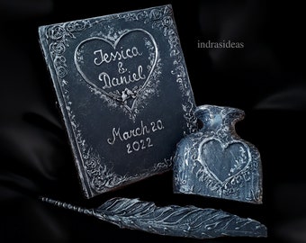 Personalized  Gothic  dark fairy wedding guest book. Black rose, blank book with heart and names wedding journal. Black, silver sign in book