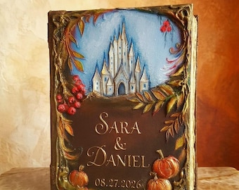 Fall Wedding Guest Book, 3D Autumn Guestbook with Castle and Pumpkins, Personalized Rustic Wedding Fairy Tale Album