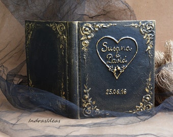 Custom  medieval  wedding guest book. gold  rose, blank book with heart and names wedding journal. Black, gold sign in book and set.