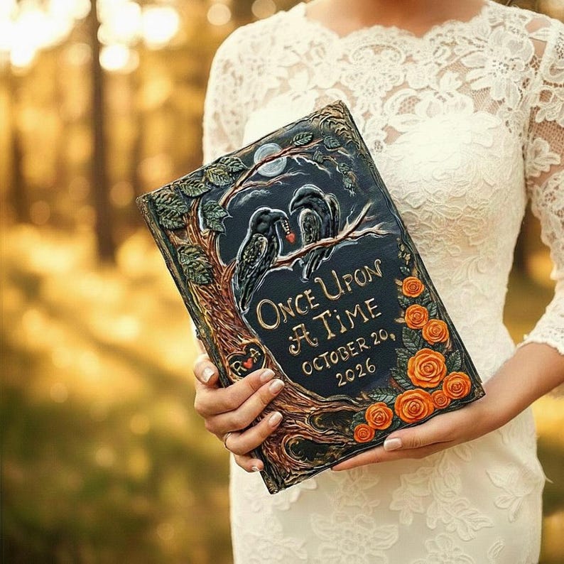 Personalized Fairytale Guest Book, Custom Storybook Journal with 3D Crows and Roses, Enchanted Forest Wedding Keepsake. image 7