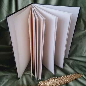 May include: A black hardcover journal with blank pages is open to reveal the white paper inside. A gold feather pen is lying on a green surface.