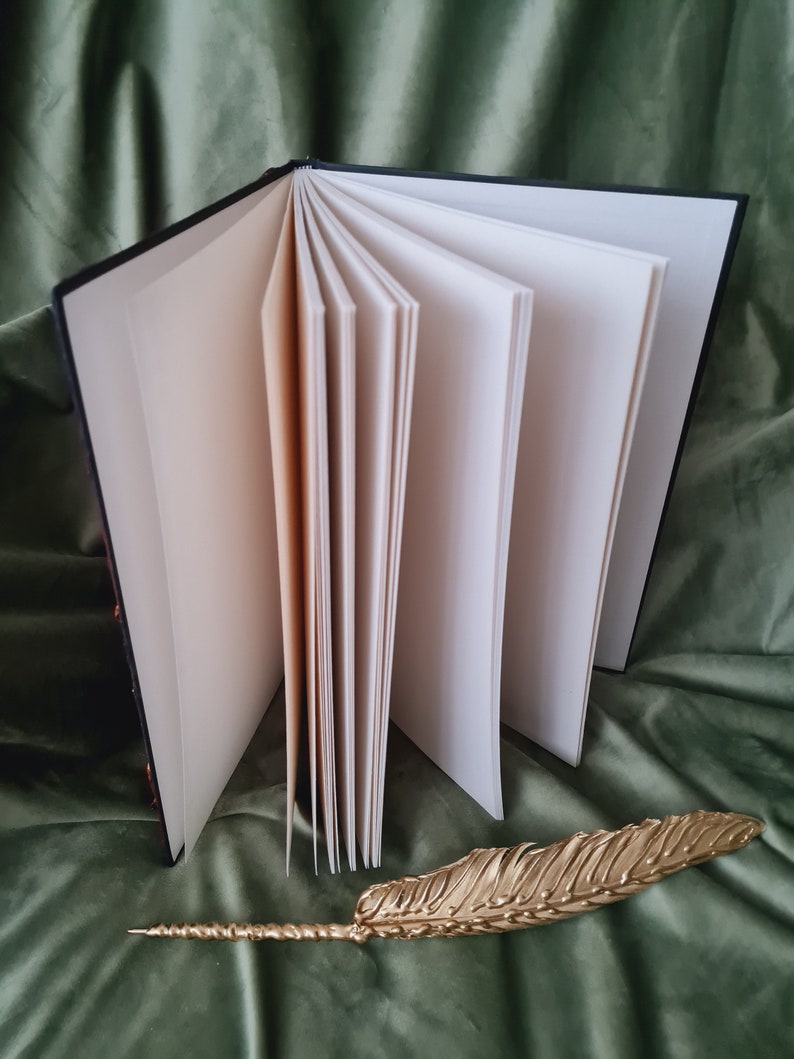 May include: A black hardcover journal with blank pages is open to reveal the white paper inside. A gold feather pen is lying on a green surface.