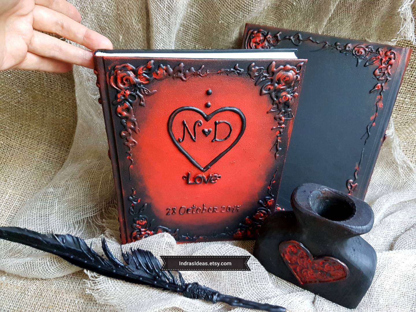 Black Guest book, Black Red Wedding Guest book, Personalized Guest book, personalized red and black book, Halloween Guest Book, Goth Wedding