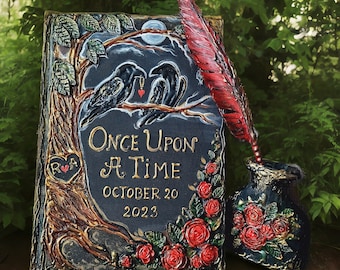 Enchanted forest wedding guest book with ravens, red rose, wedding tree and names and date. Dark fairytale, magic forest event guest book.