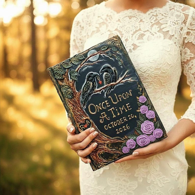 Personalized Fairytale Guest Book, Custom Storybook Journal with 3D Crows and Roses, Enchanted Forest Wedding Keepsake. image 8