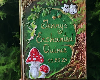 Enchanted forest Quince guest book and set, Personalized sign in book, Fairy tale blank memory  birthday journal. Mushrooms, fairies, owl.