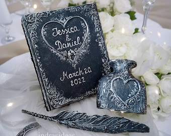 Personalized dark medieval  wedding guest book. Black, silver, blank journal. Custom names with heart  Guest sign in book.
