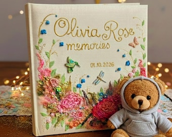 Hand Ribbon Embroidery Baby Photo Album, Unique Flower Girl Memory Book, Personalized Luxury Keepsake for New Parents, custom Heirloom Gift