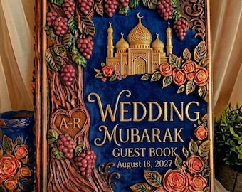 Personalized Nikah Guest Book Wedding Mubarak Mosque Keepsake, 3D Hand-Painted Royal Blue Photo Album Binder