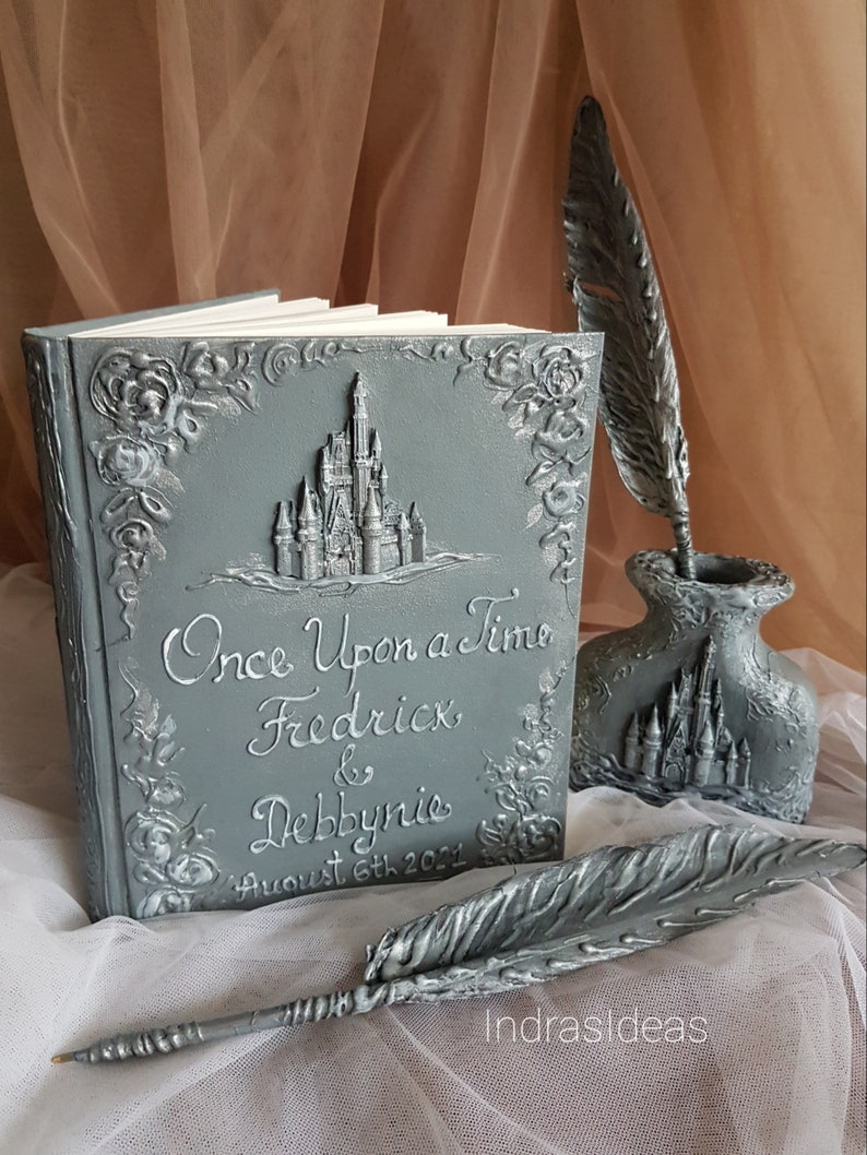 Silver wedding guest book, Once upon a time guest book, Fairy Tale Wedding, Personalized Guest book, castle, personalized silver gift. image 1