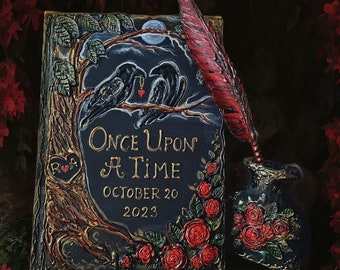 Gothic wedding guest book with ravens  red rose and custom names and date. Dark fairytale, enchanted forest event guest book.