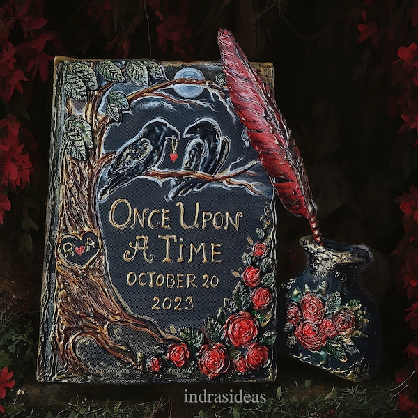 Gothic wedding guest book with ravens  red rose and custom names and date. Dark fairytale, enchanted forest event guest book.