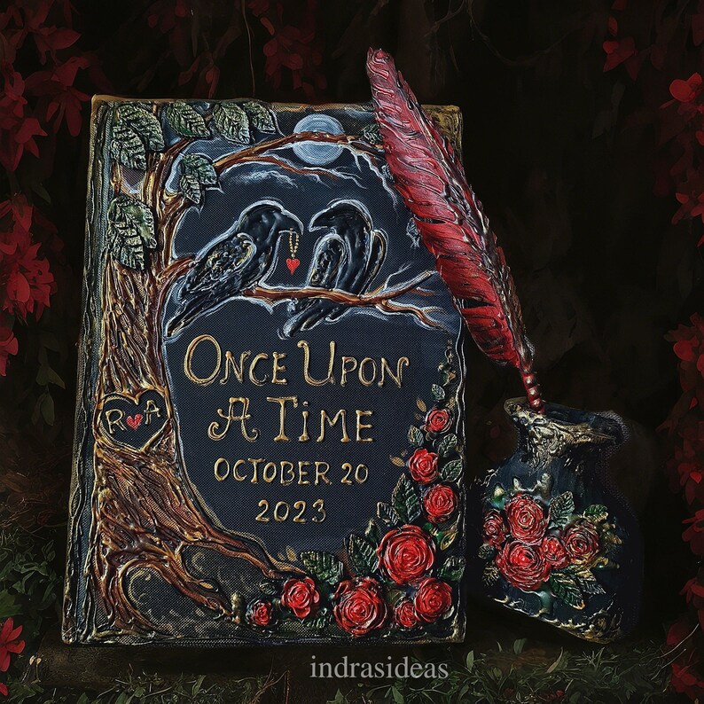 May include: A black and gold wedding invitation with a dark background and red roses. The invitation features two black ravens and the text "Once Upon A Time" with the date "October 20, 2023".