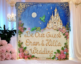 Personalized Fairytale wedding photo album, classic Family photo album, Be our guest, floral with castle &little birds, 30x33cm (11,8x12,9")