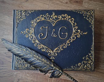 Black monogram guest book, Gothic wedding guest sign in book with initials, Handmade personalized black, blank journal, pen  and pen holder.
