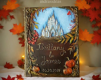 Autumn fairytale wedding guest book. Personalized enchanted wedding guest book and set. Blank journal, castle, berries and pumpkins. A5, A4