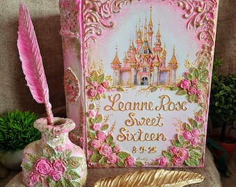 Sweet 16 Guestbook, Quinceañera Guest Book with Pink 3D Castle, Personalized Fairytale Princess Journal, Custom Once Upon a Time Album