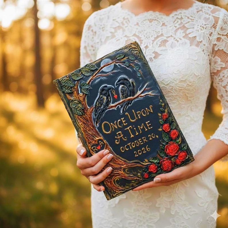Personalized Fairytale Guest Book, Custom Storybook Journal with 3D Crows and Roses, Enchanted Forest Wedding Keepsake. image 1