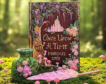 Enchanted Forest wedding guest Book with Mushrooms, Magical 3D roses, Fairy tale castle, Personalized Once Upon a time Quinceanera event.