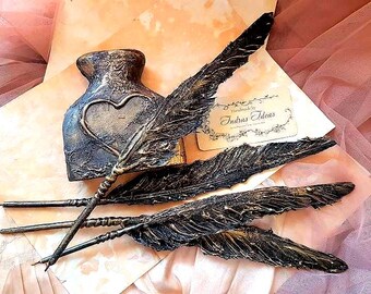 Black Feather Ballpoint Pen with Wood Holder, Gothic, vintage Desk Decor