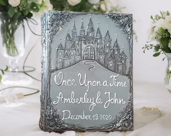 Personalized Medieval wedding guest book. Sign in book with silver castle, names and dates. Once upon a time guest book and set  A4