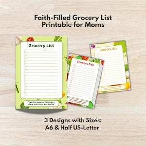Könnte beinhalten: Drei druckbare Einkaufslisten-Designs mit dem Text "Grocery List" und inspirierenden Zitaten. Die Designs zeigen farbenfrohe Illustrationen von Gemüse und Obst. Erhältlich in den Größen A6 und Half US-Letter.