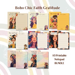 May include: A collection of A5 printable notepads with Boho Chic illustrations. Each notepad features a portrait of a woman with floral accents and inspirational text. The notepads have lined pages and are bundled together.