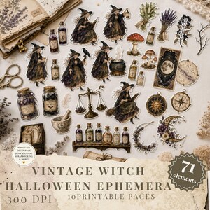 Könnte beinhalten: Eine Sammlung von 71 Aufklebern im Vintage-Stil zum Thema Hexen und Halloween mit Illustrationen von Hexen, Zaubertrankflaschen, Pilzen, Himmelskörpern, einer Waage und botanischen Elementen, angeordnet auf einem hellen Hintergrund.