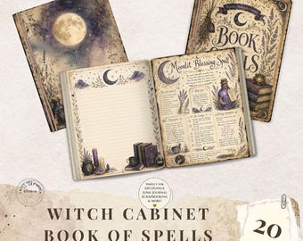 Book of Spells Digital Junk journal Kit, Witchy Grimoire Scrapbook printable pages