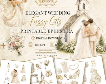May include: A digital download set of 37 elegant wedding fussy cuts featuring illustrations of a bride and groom, a church, a floral bouquet, wedding rings, a cake, and accessories in soft cream and beige tones for scrapbooking projects.