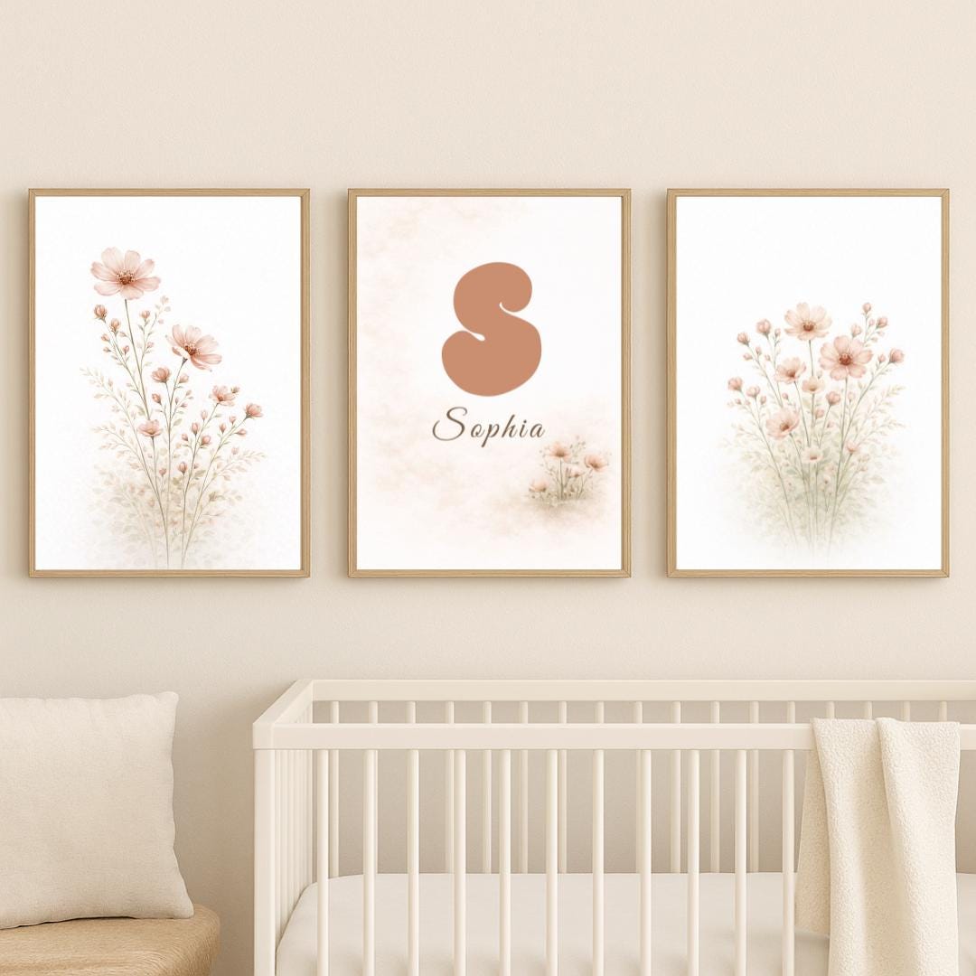 Peach Floral Nursery Wall Art Set of 3, Personalized Baby Name ...