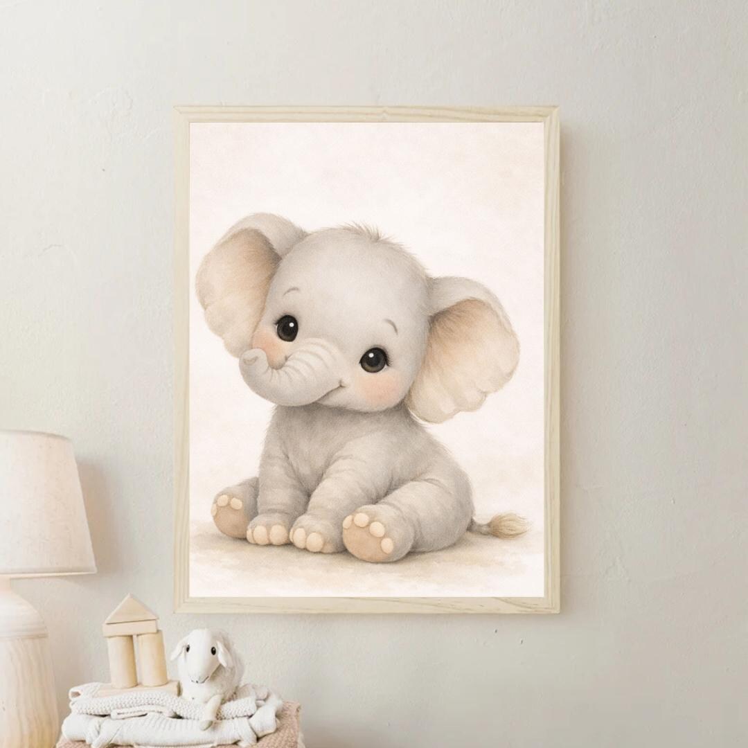 Baby Elephant Nursery Wall Art Printable, Neutral Safari Nursery Decor ...